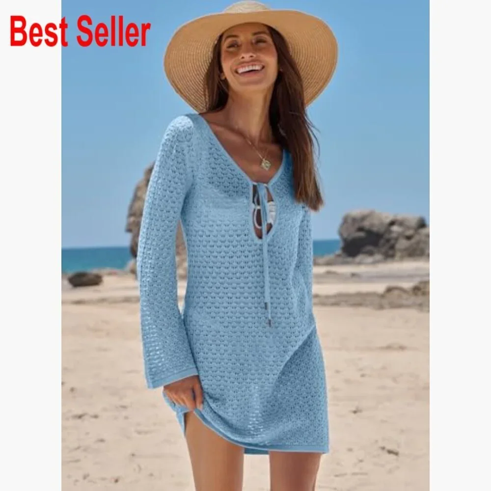 Crochet Mesh Knit Swimsuit Cover Up Dress with V-Neck and Long Sleeves
